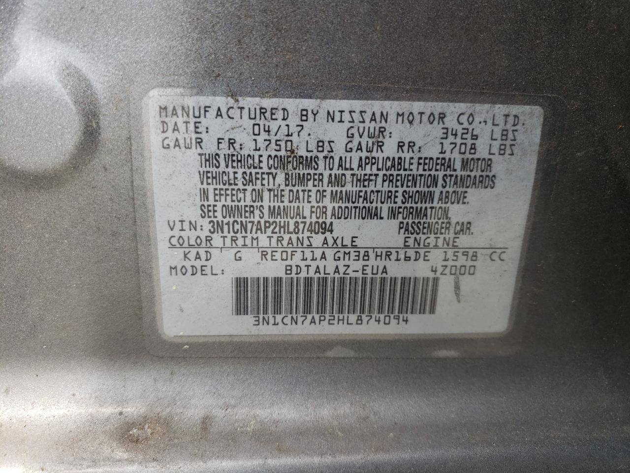 Photo 10 from auction – 2017 NISSAN VERSA S with VIN 3N1CN7AP2HL874094