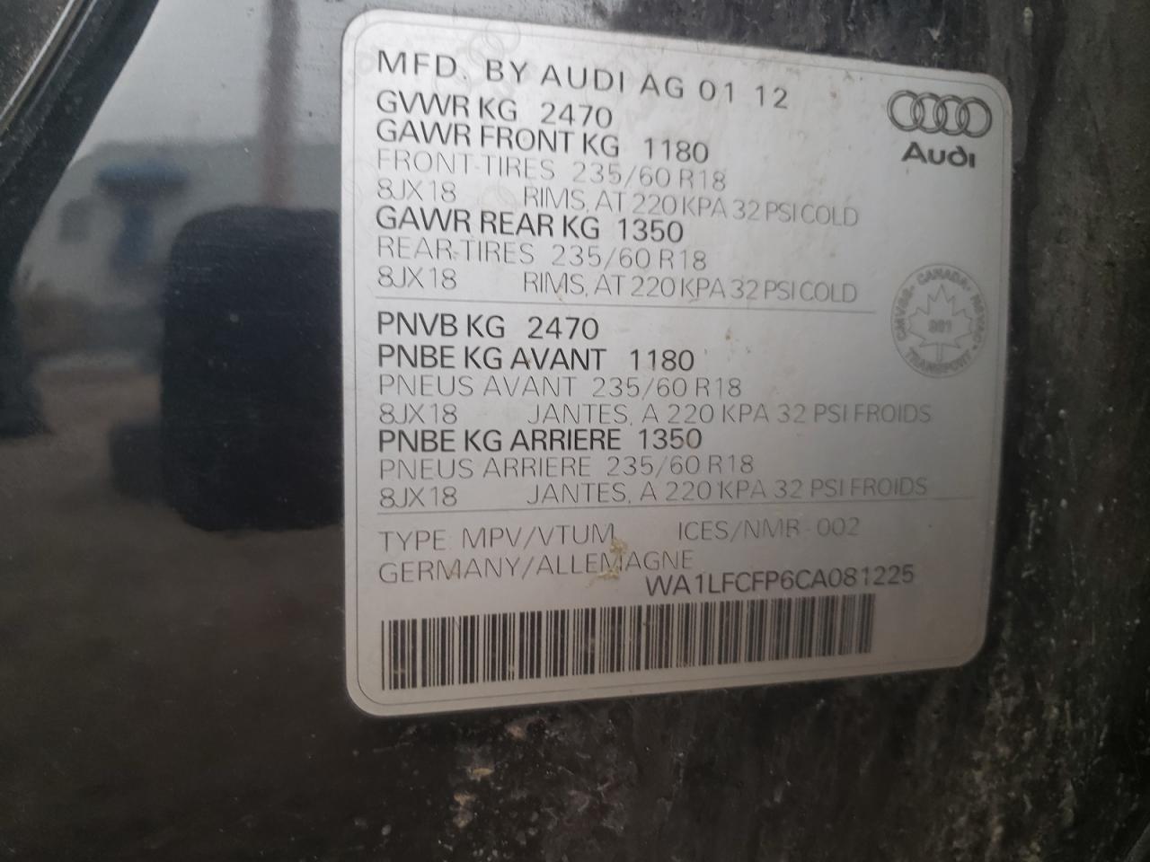 Photo 10 from auction – 2012 AUDI Q5 PREMIUM with VIN WA1LFCFP6CA081225