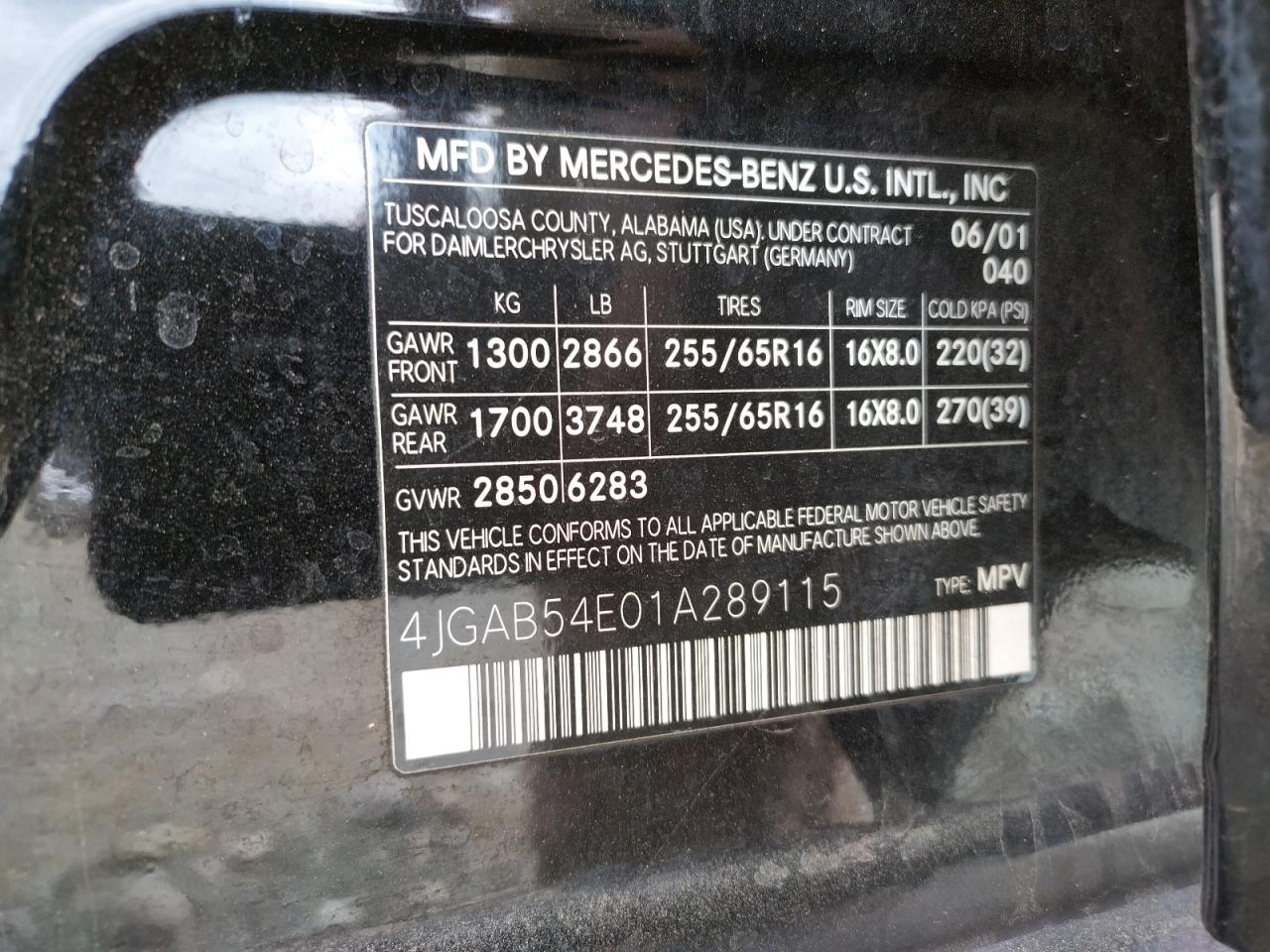 Photo 10 from auction – 2001 MERCEDES-BENZ ML 320 with VIN 4JGAB54E01A289115