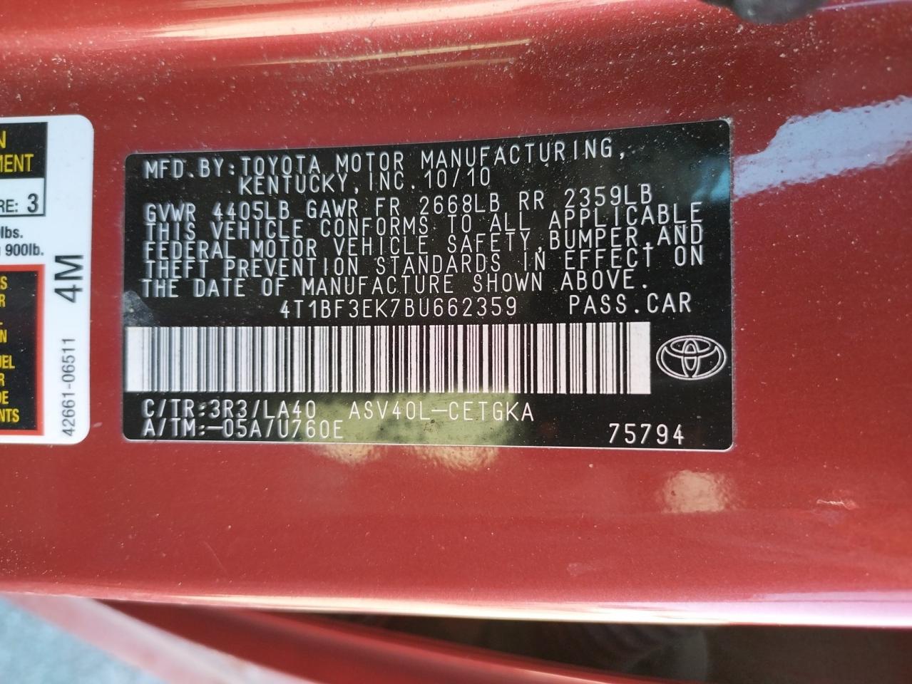 Photo 10 from auction – 2011 TOYOTA CAMRY BASE with VIN 4T1BF3EK7BU662359