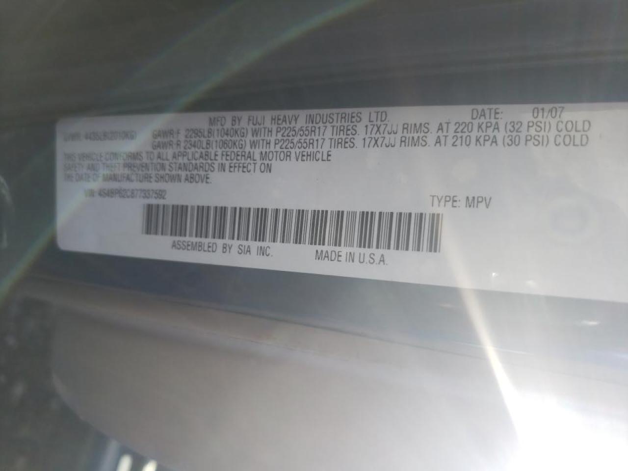 Photo 10 from auction – 2007 SUBARU OUTBACK OU with VIN 4S4BP62C877337592