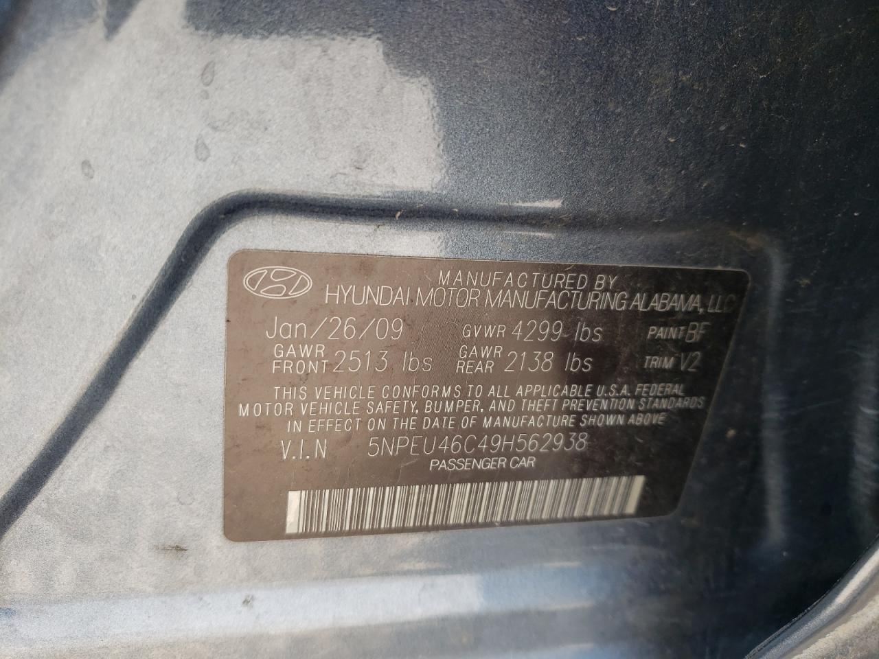 Photo 10 from auction – 2009 HYUNDAI SONATA SE with VIN 5NPEU46C49H562938