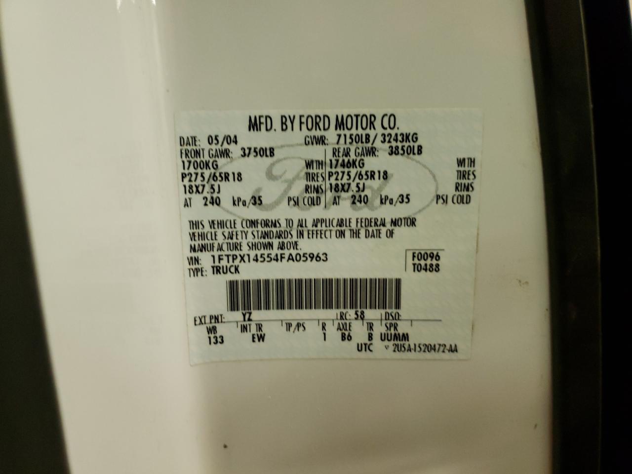 Photo 10 from auction – 2004 FORD F150 with VIN 1FTPX14554FA05963
