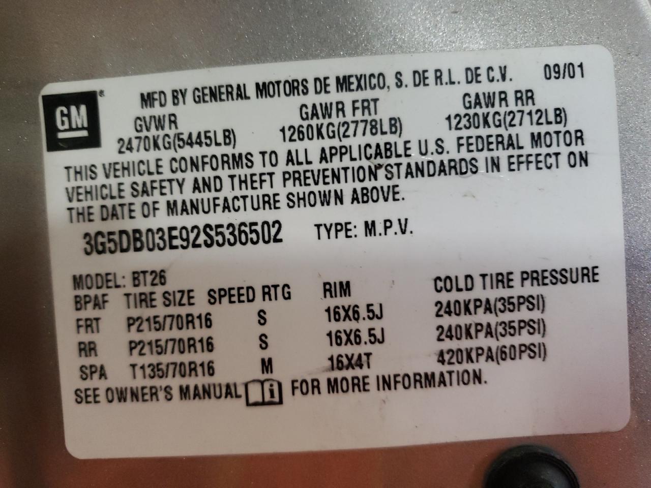 Photo 10 from auction – 2002 BUICK RENDEZVOUS with VIN 3G5DB03E92S536502