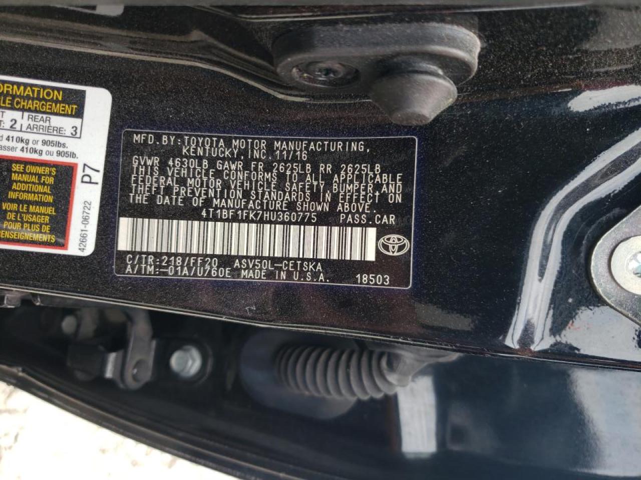 Photo 10 from auction – 2017 TOYOTA CAMRY with VIN 4T1BF1FK7HU360775