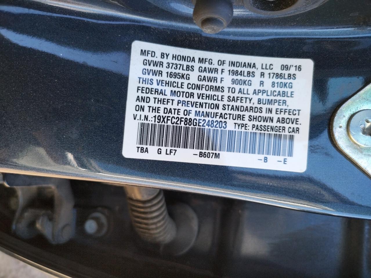 Photo 10 from auction – 2016 HONDA CIVIC EX with VIN 19XFC2F88GE248203