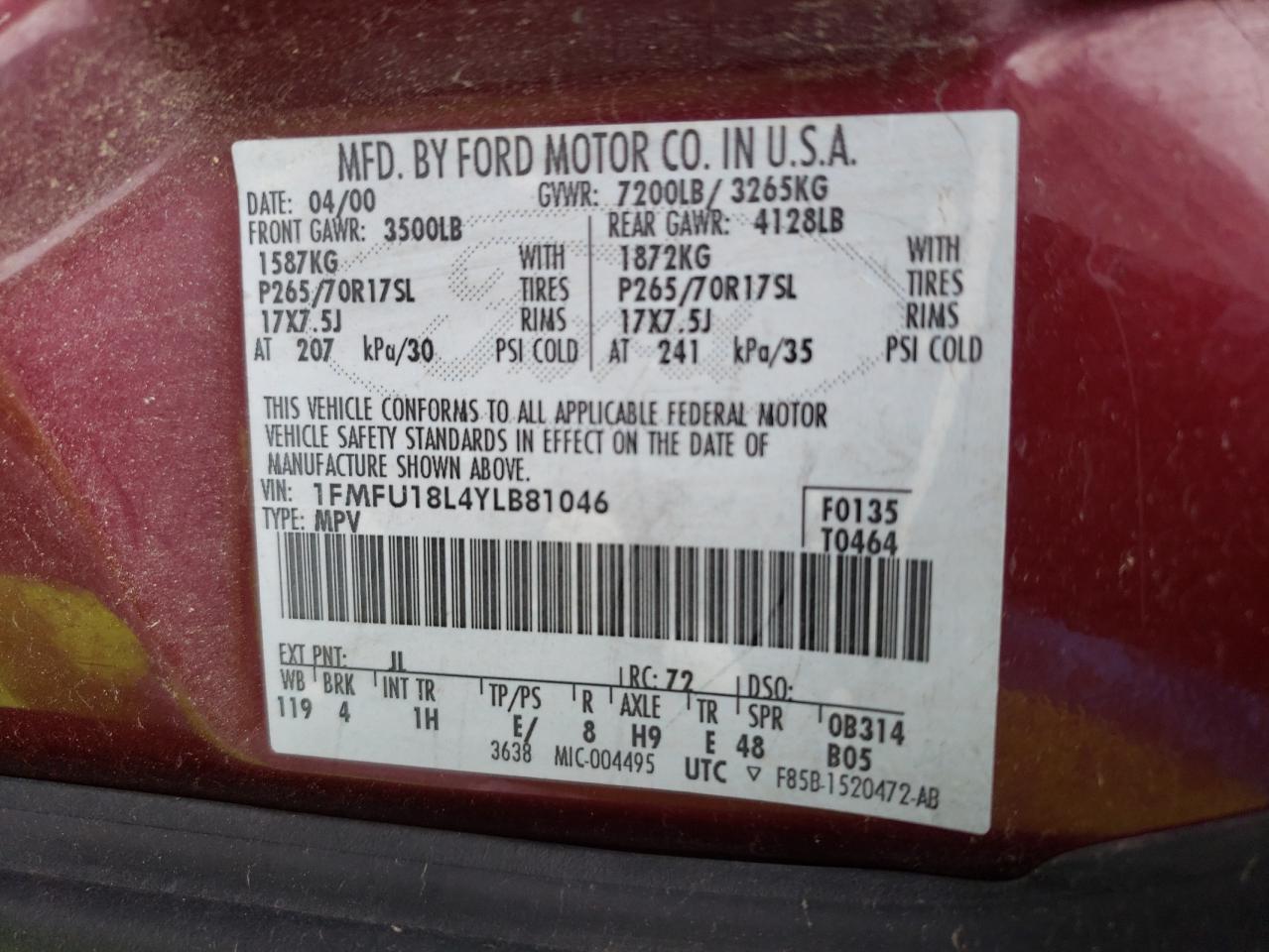 Фото 10 с аукциона – 2000 FORD EXPEDITION с VIN 1FMFU18L4YLB81046