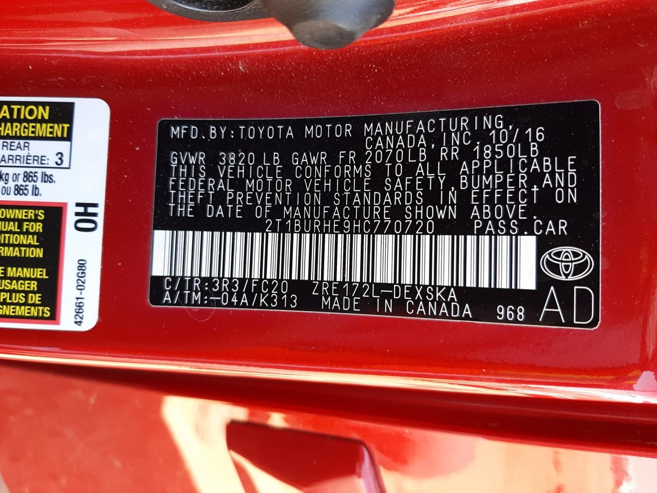 Photo 10 from auction – 2017 TOYOTA COROLLA L with VIN 2T1BURHE9HC770720