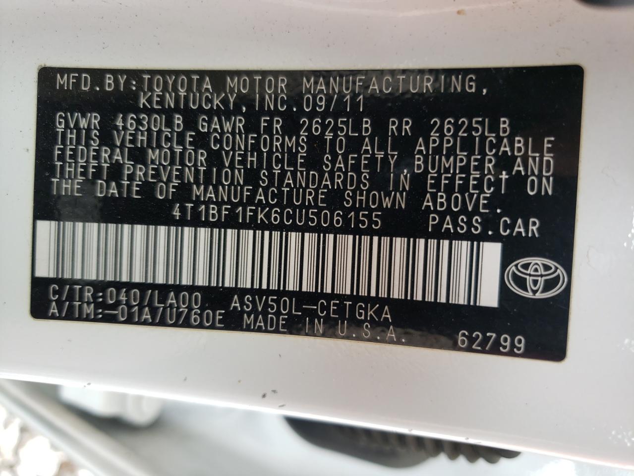 Photo 10 from auction – 2012 TOYOTA CAMRY BASE with VIN 4T1BF1FK6CU506155