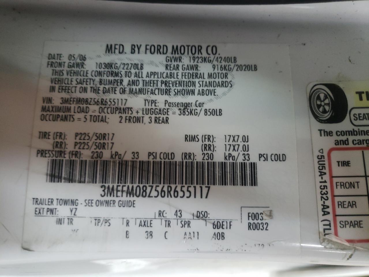 Photo 10 from auction – 2006 MERCURY MILAN PREM with VIN 3MEFM08Z56R655117