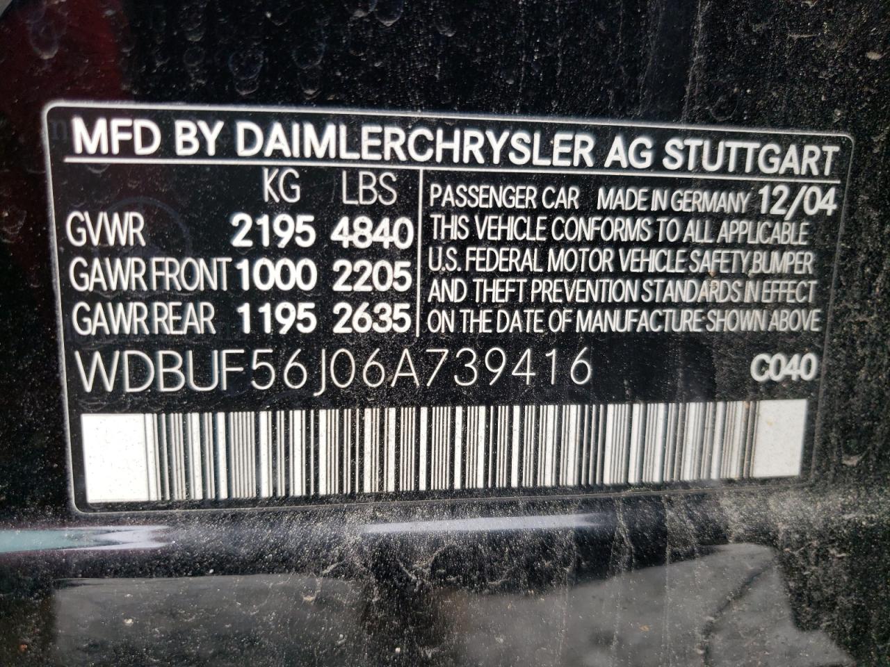 Photo 10 from auction – 2006 MERCEDES-BENZ E 350 with VIN WDBUF56J06A739416
