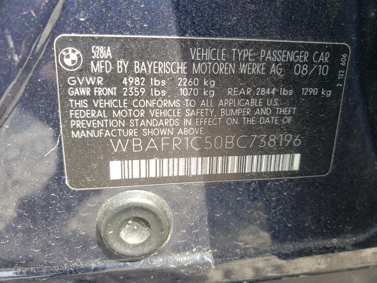 Photo 10 from auction – 2011 BMW 528 I with VIN WBAFR1C50BC738196