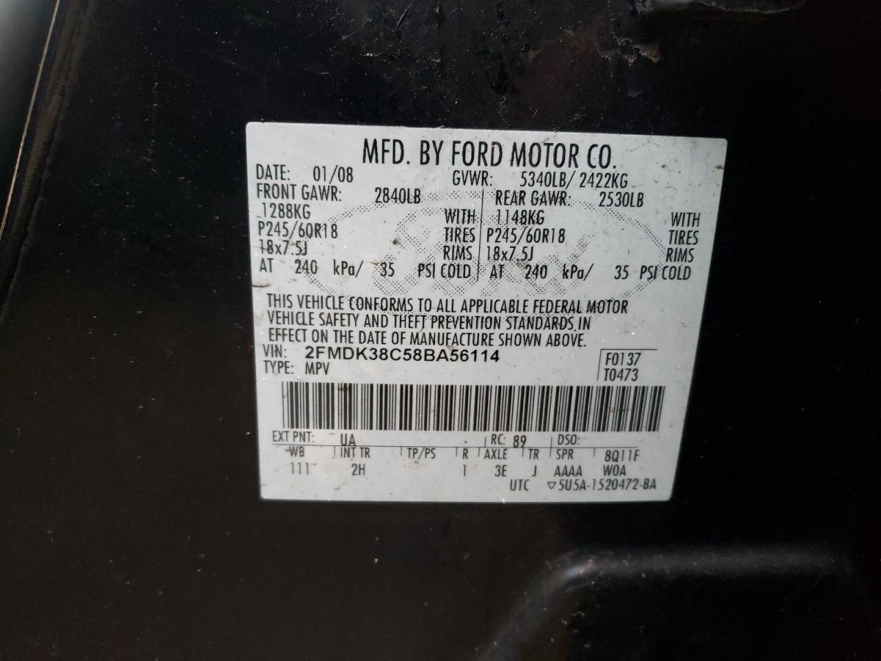 Photo 10 from auction – 2008 FORD EDGE with VIN 2FMDK38C58BA56114