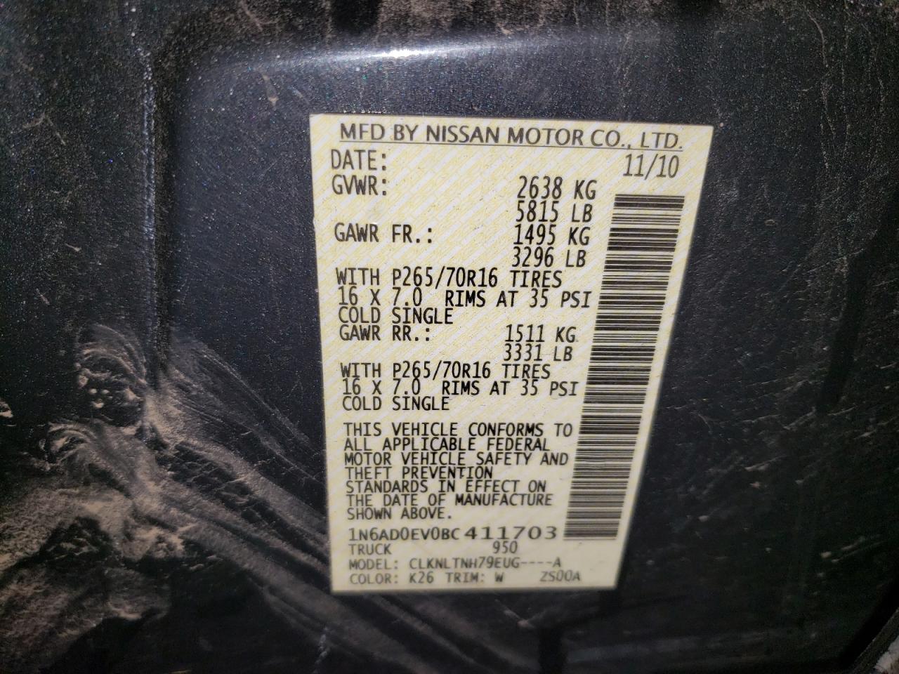 Photo 10 from auction – 2011 NISSAN FRONTIER S with VIN 1N6AD0EV0BC411703