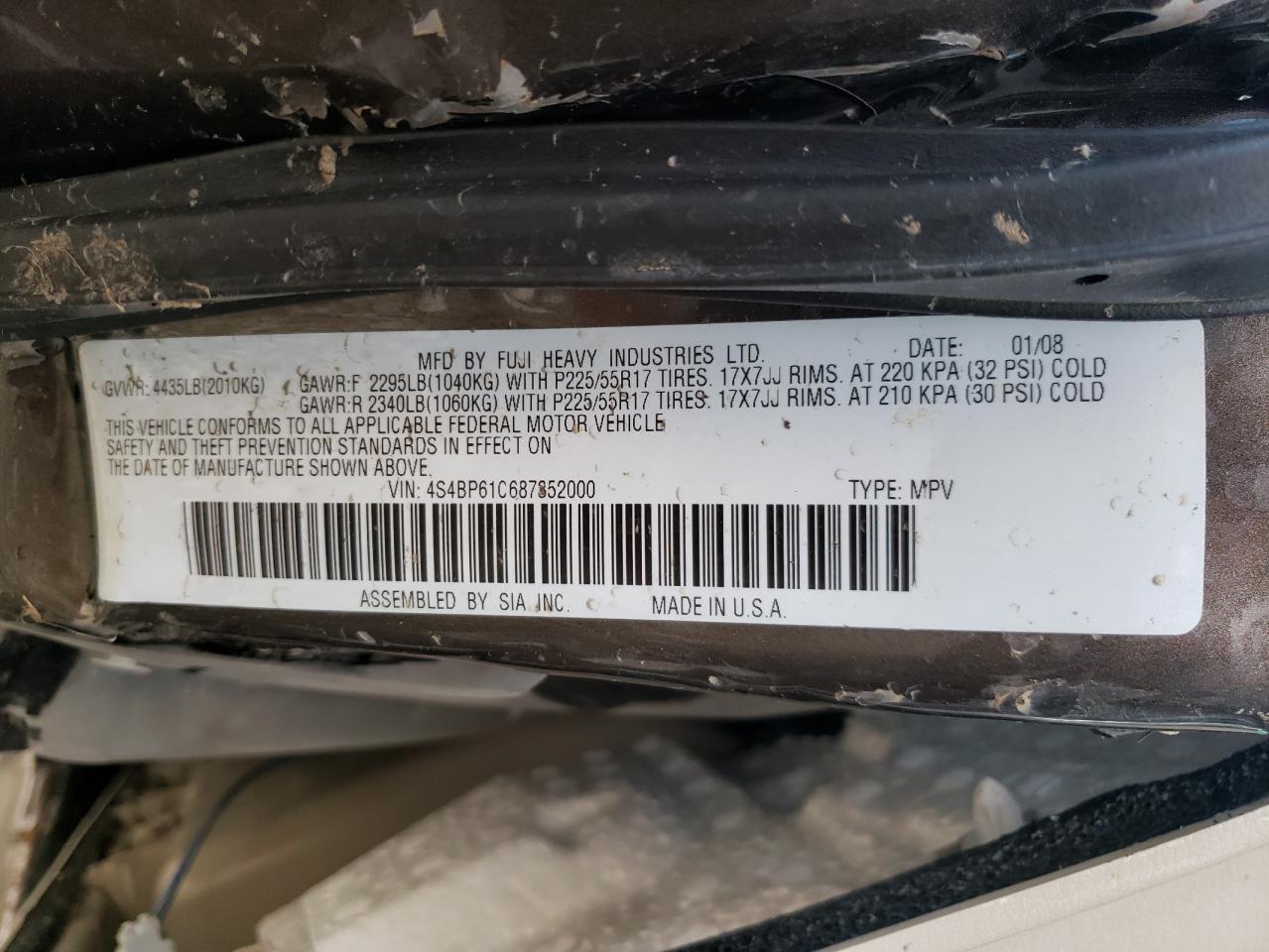 Photo 10 from auction – 2008 SUBARU OUTBACK 2. with VIN 4S4BP61C687352000
