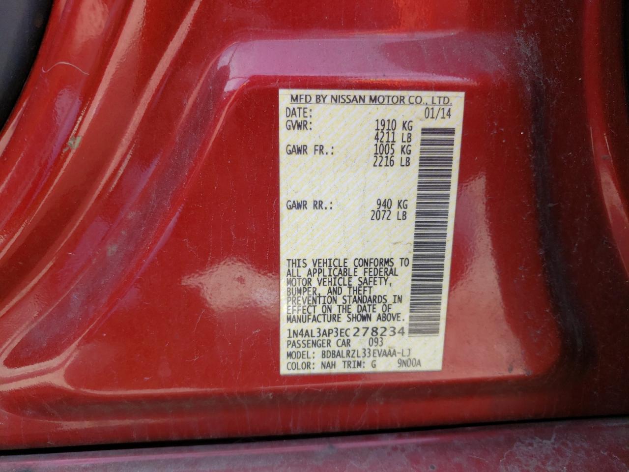 Photo 10 from auction – 2014 NISSAN ALTIMA 2.5 with VIN 1N4AL3AP3EC278234