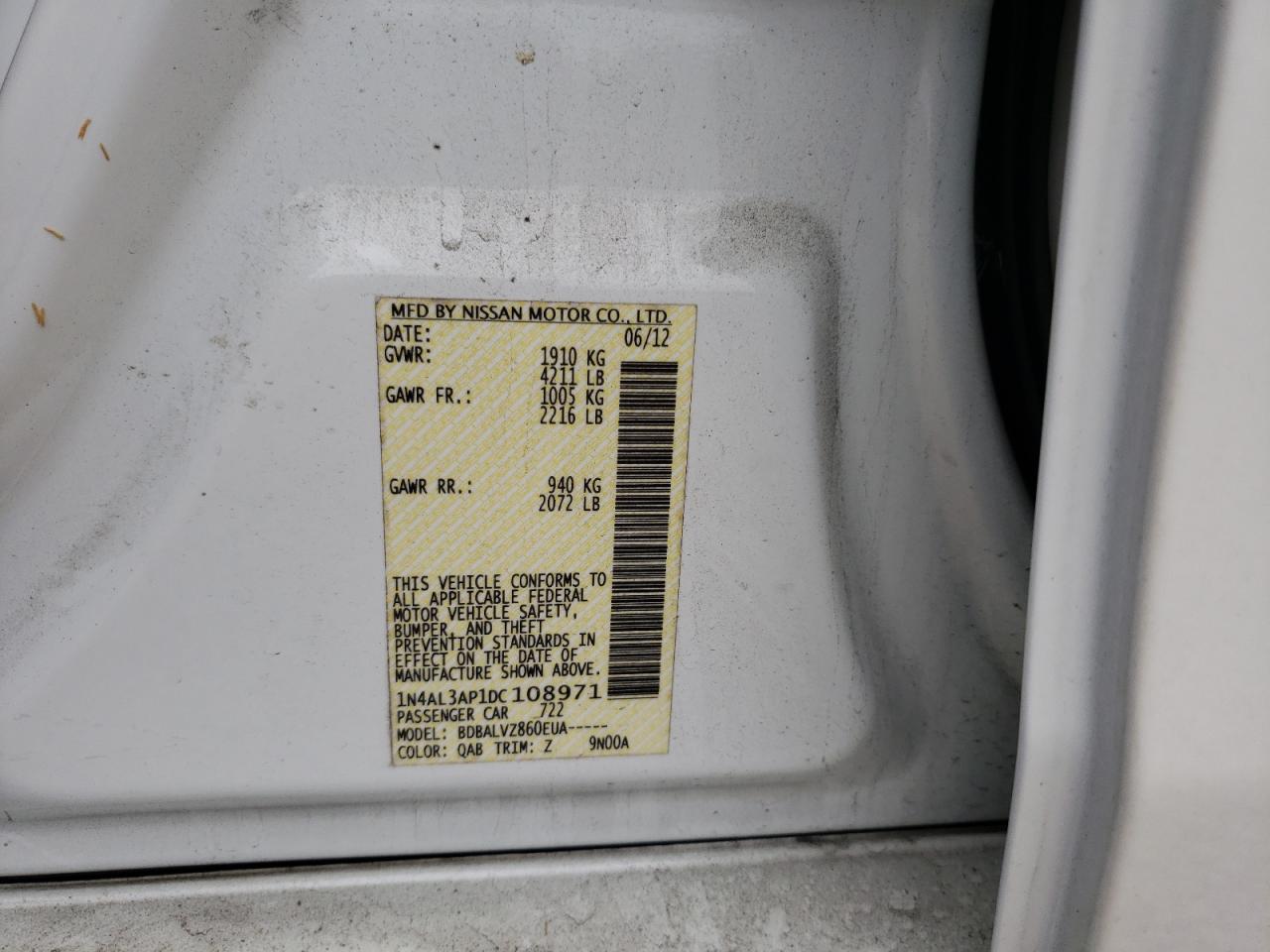 Photo 10 from auction – 2013 NISSAN ALTIMA 2.5 with VIN 1N4AL3AP1DC108971