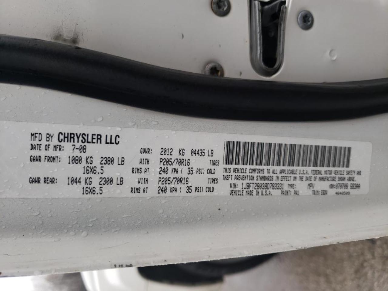 Photo 10 from auction – 2008 JEEP PATRIOT SP with VIN 1J8FT28038D783331
