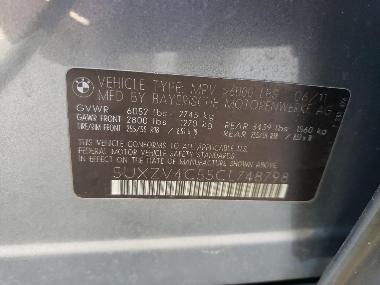 Photo 10 from auction – 2012 BMW X5 XDRIVE3 with VIN 5UXZV4C55CL748798