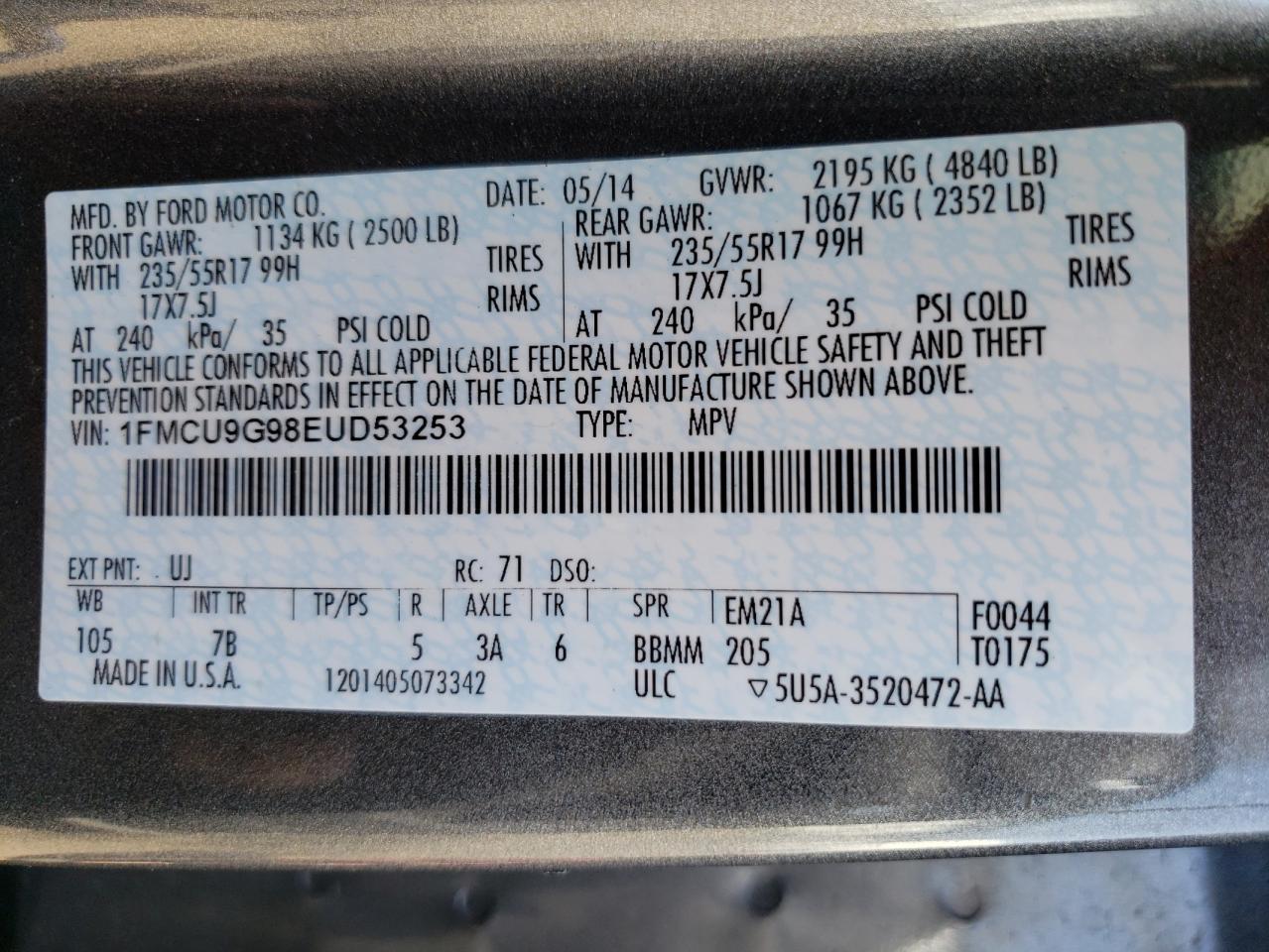Foto 10 de la subasta – 2014 FORD ESCAPE SE con VIN 1FMCU9G98EUD53253
