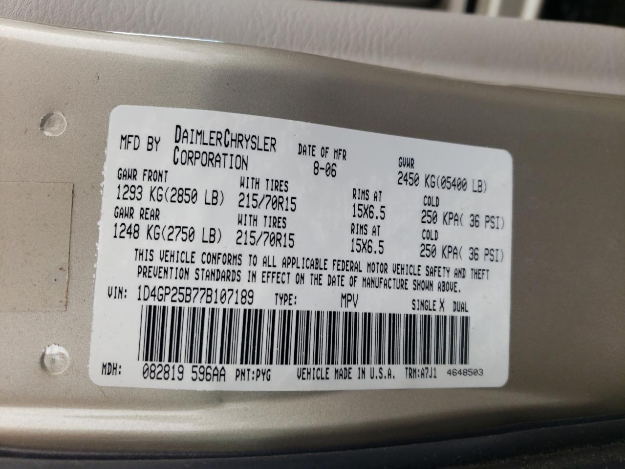 Photo 10 from auction – 2007 DODGE CARAVAN SE with VIN 1D4GP25B77B107189