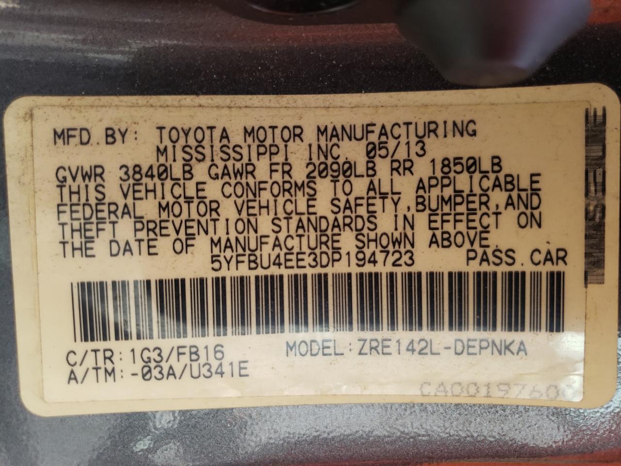 Zdjęcie 10 z aukcji – 2013 TOYOTA COROLLA BA z VIN 5YFBU4EE3DP194723