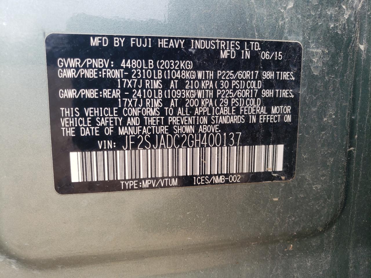 Photo 10 from auction – 2016 SUBARU FORESTER 2 with VIN JF2SJADC2GH400137