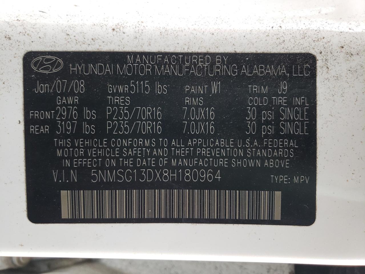 Photo 10 from auction – 2008 HYUNDAI SANTA FE G with VIN 5NMSG13DX8H180964
