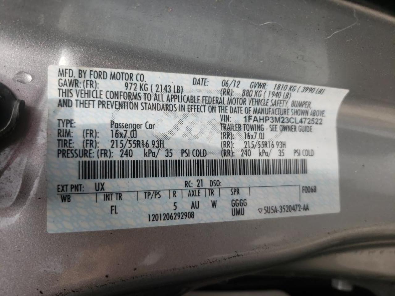 Photo 10 from auction – 2012 FORD FOCUS with VIN 1FAHP3M23CL472522