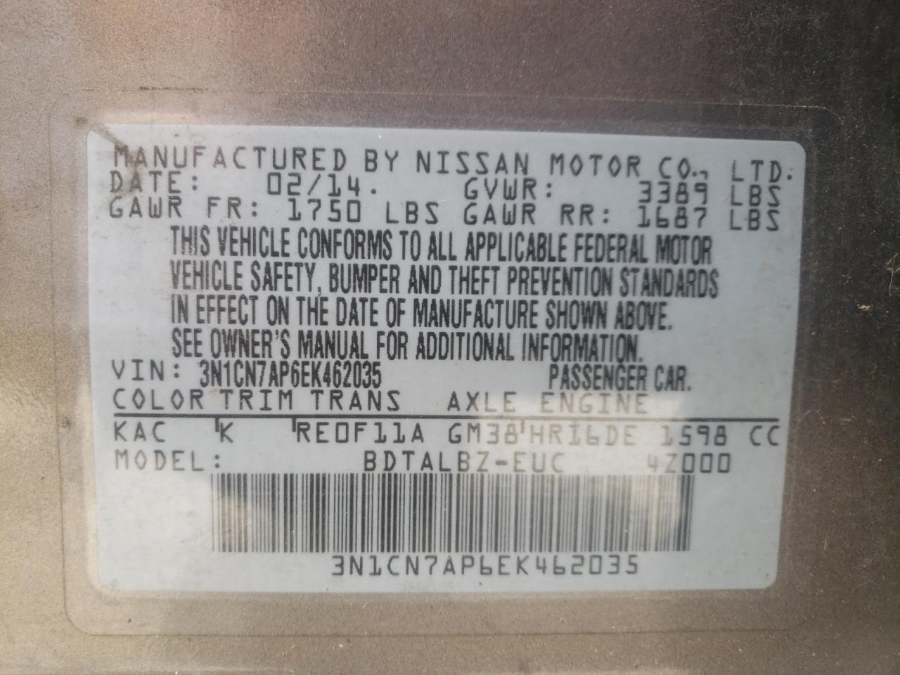 Photo 10 from auction – 2014 NISSAN VERSA S with VIN 3N1CN7AP6EK462035