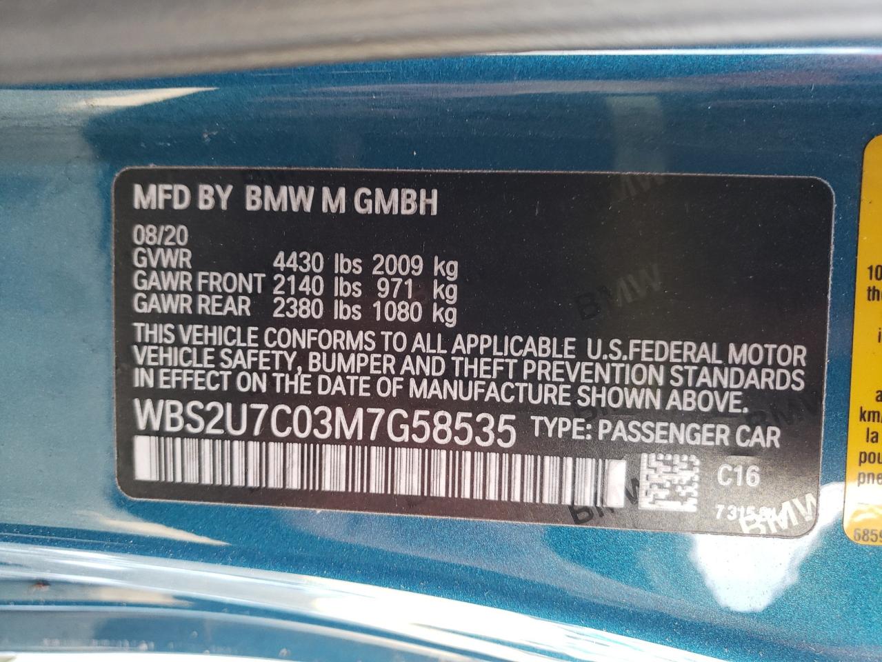 Photo 10 from auction – 2021 BMW M2 COMPETI with VIN WBS2U7C03M7G58535