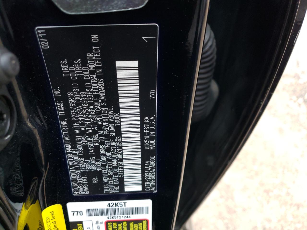 Photo 20 from auction – 2011 TOYOTA TUNDRA with VIN 5TFFY5F18BX110563