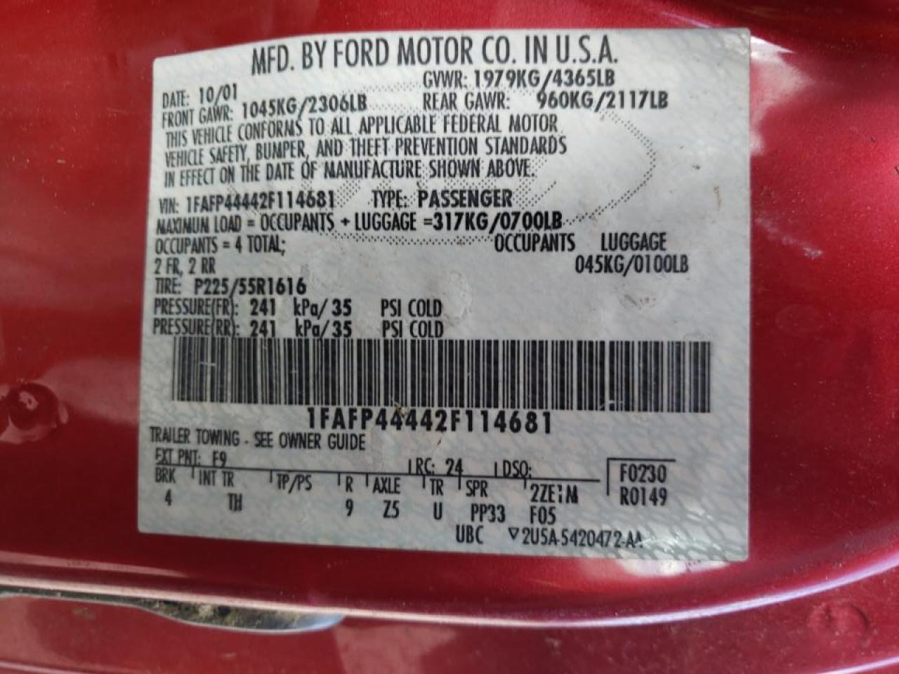 Photo 10 from auction – 2002 FORD MUSTANG with VIN 1FAFP44442F114681
