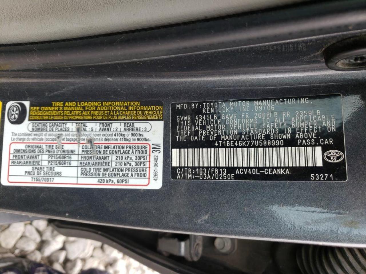 Photo 10 from auction – 2007 TOYOTA CAMRY CE with VIN 4T1BE46K77U588990