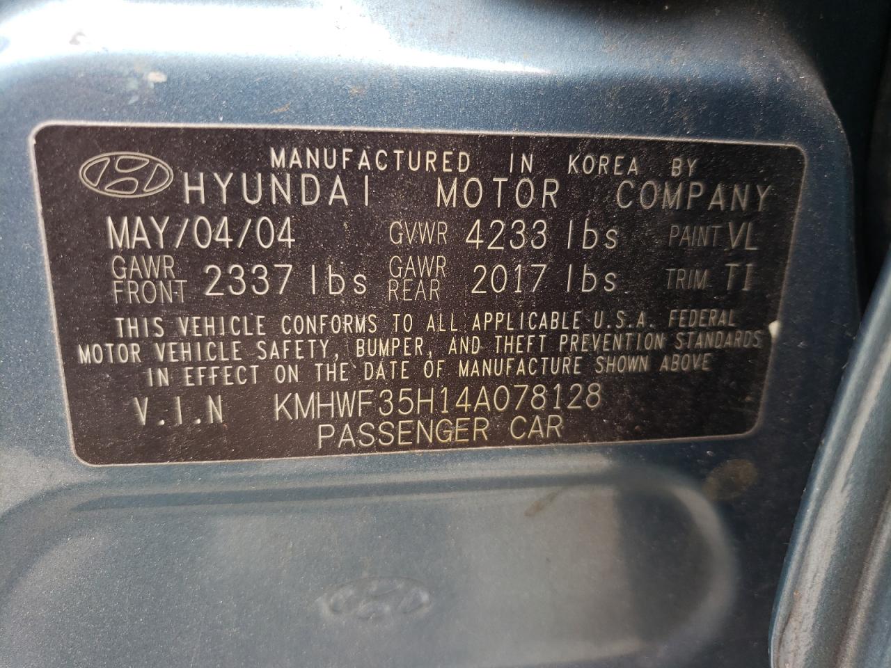 Photo 10 from auction – 2004 HYUNDAI SONATA GLS with VIN KMHWF35H14A078128
