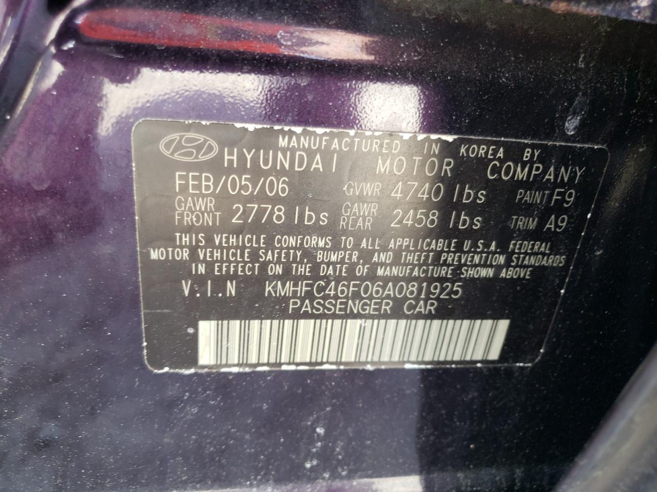 Photo 10 from auction – 2006 HYUNDAI AZERA SE with VIN KMHFC46F06A081925