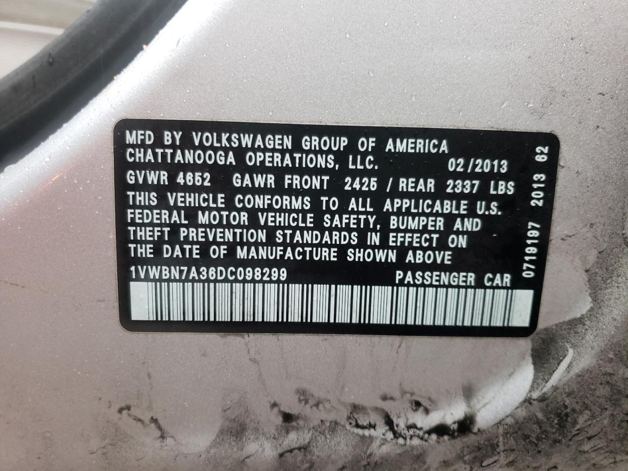 Photo 10 from auction – 2013 VOLKSWAGEN PASSAT SE with VIN 1VWBN7A36DC098299