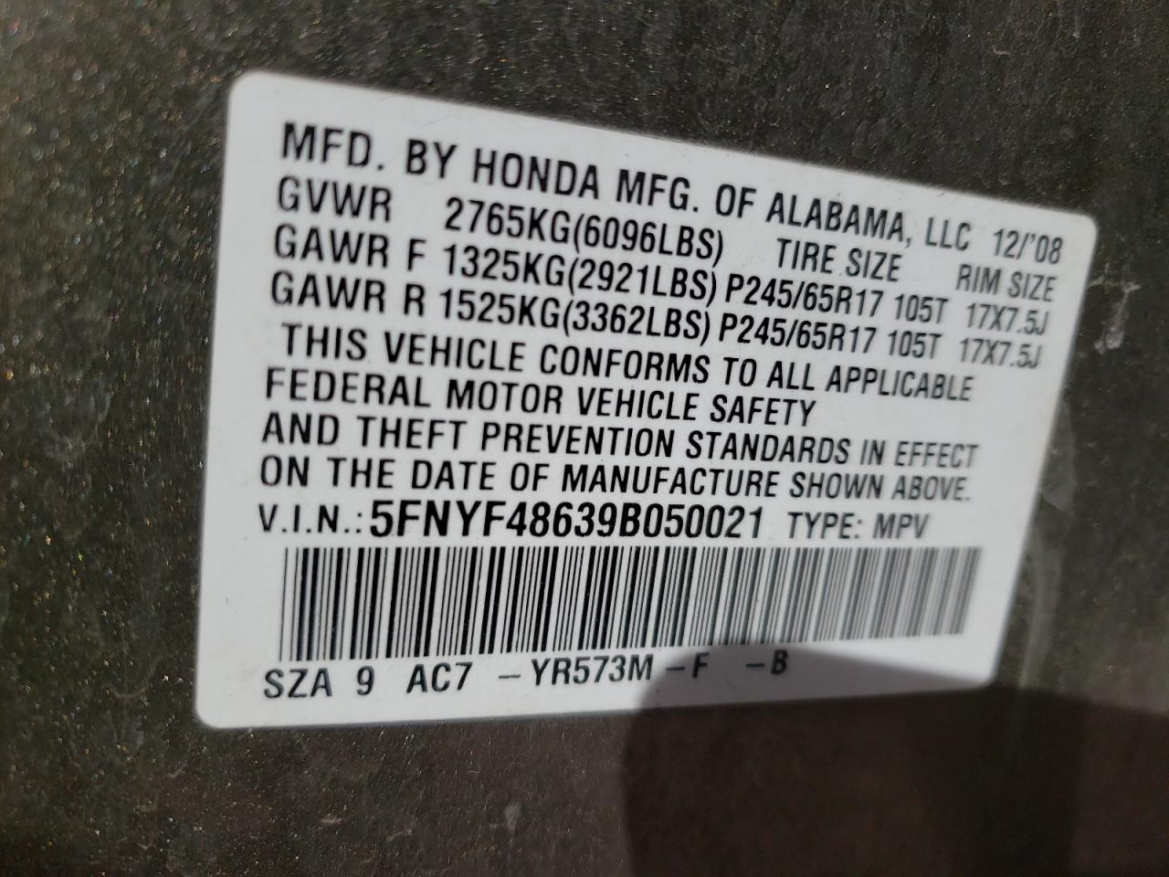 Photo 10 from auction – 2009 HONDA PILOT EXL with VIN 5FNYF48639B050021
