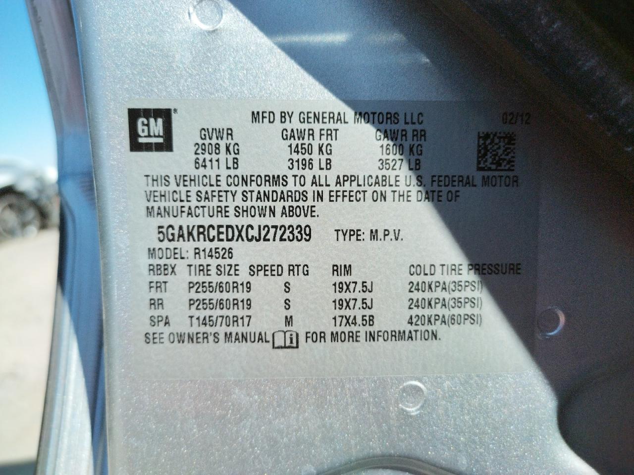 Photo 10 from auction – 2012 BUICK ENCLAVE with VIN 5GAKRCEDXCJ272339
