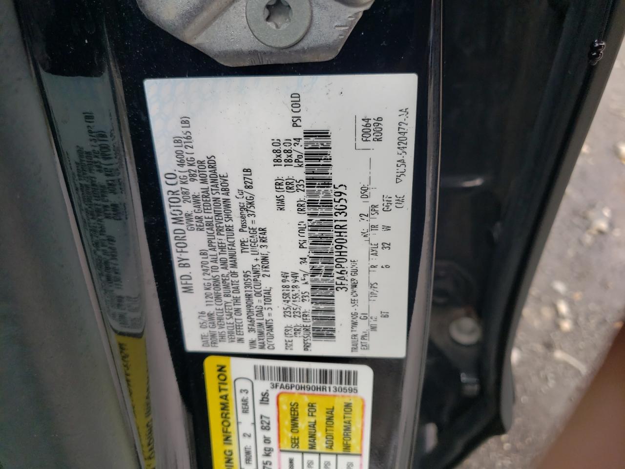Photo 10 from auction – 2017 FORD FUSION SE with VIN 3FA6P0H90HR130595