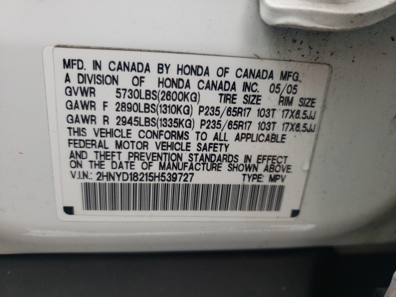 Photo 10 from auction – 2005 ACURA MDX with VIN 2HNYD18215H539727
