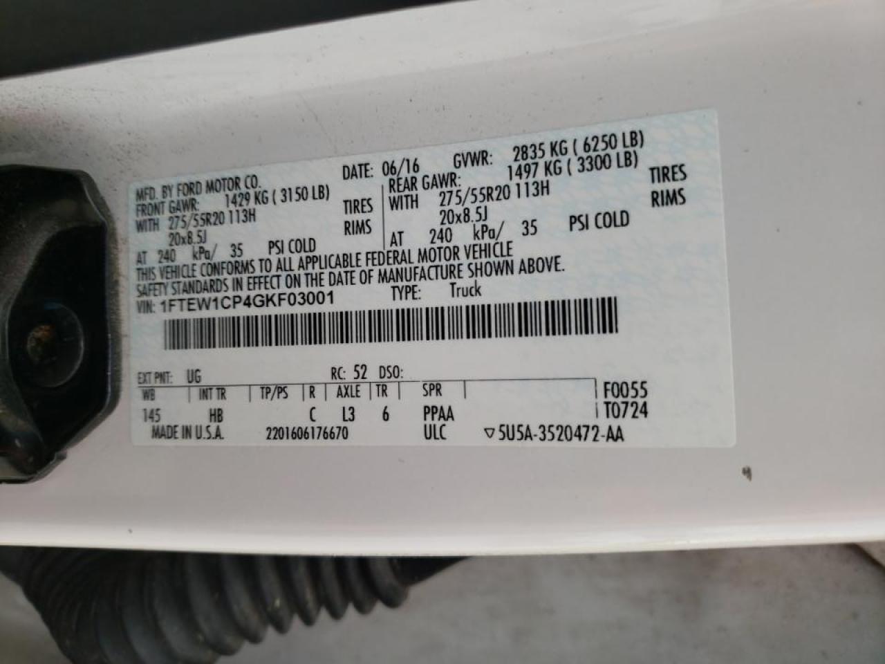 Photo 10 from auction – 2016 FORD F150 SUPER with VIN 1FTEW1CP4GKF03001