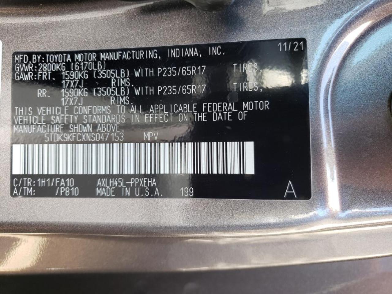Photo 10 from auction – 2022 TOYOTA SIENNA LE with VIN 5TDKSKFC7NS045330