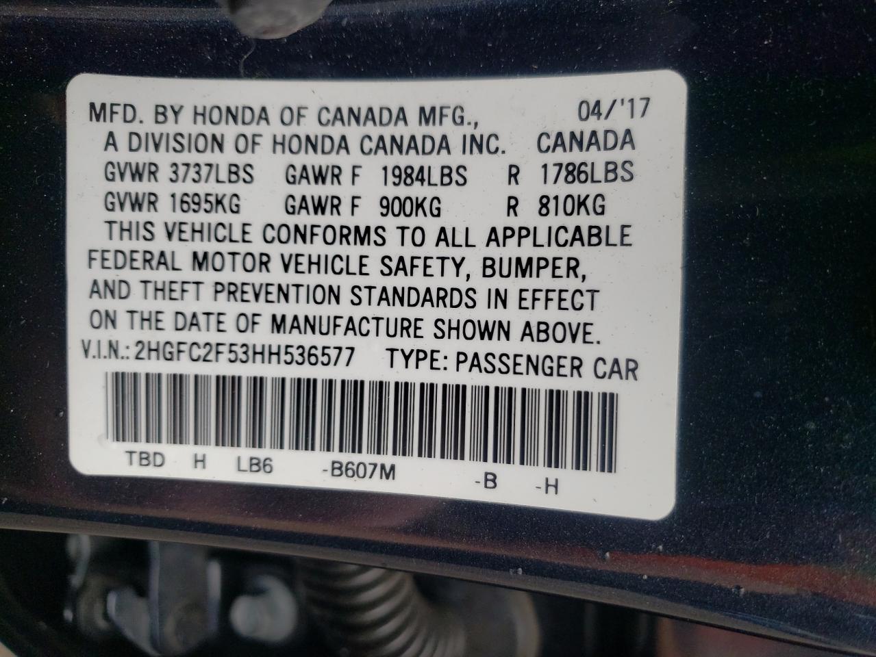 Photo 10 from auction – 2017 HONDA CIVIC LX with VIN 2HGFC2F53HH536577