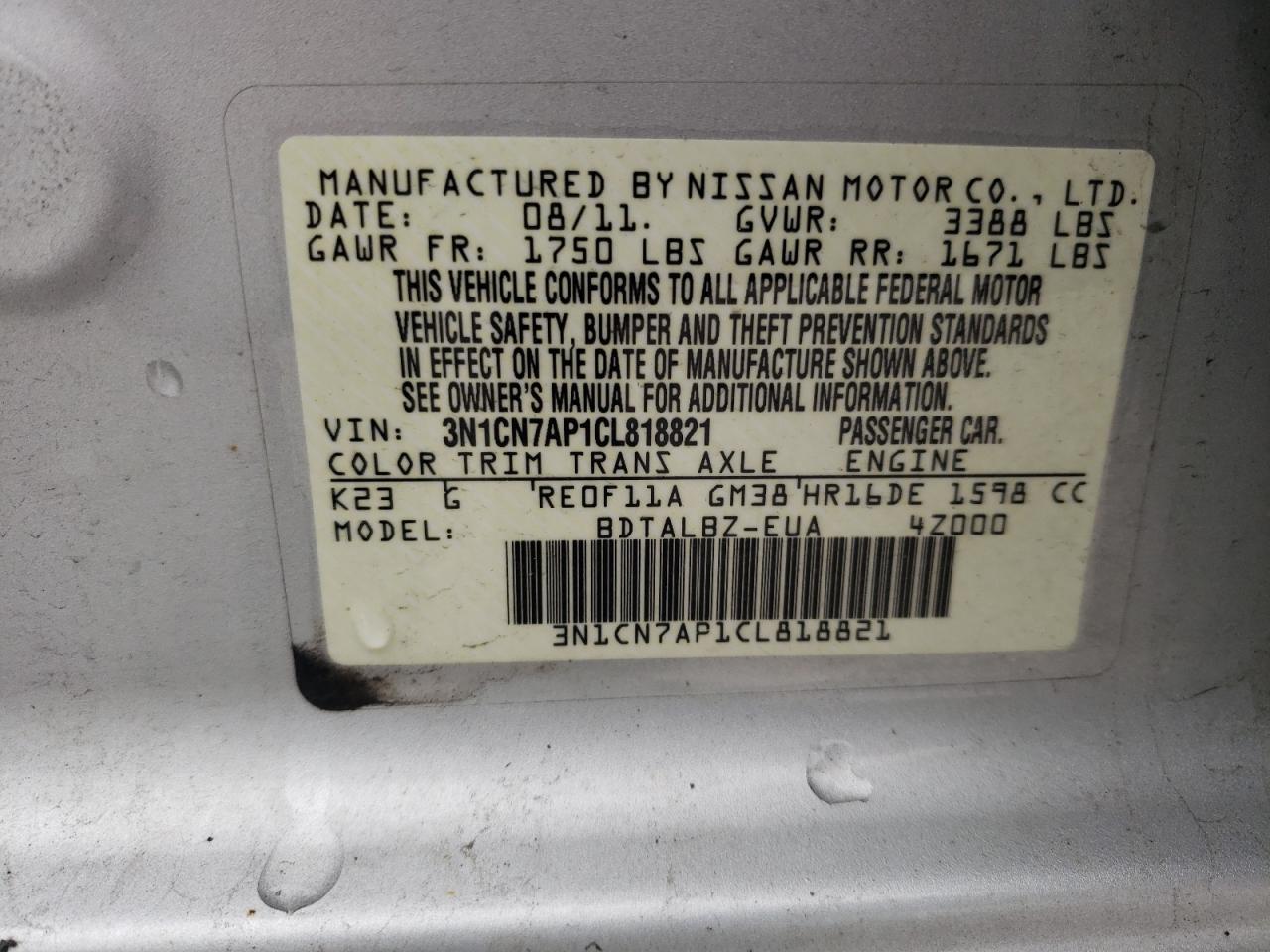 Photo 10 from auction – 2012 NISSAN VERSA S with VIN 3N1CN7AP1CL818821