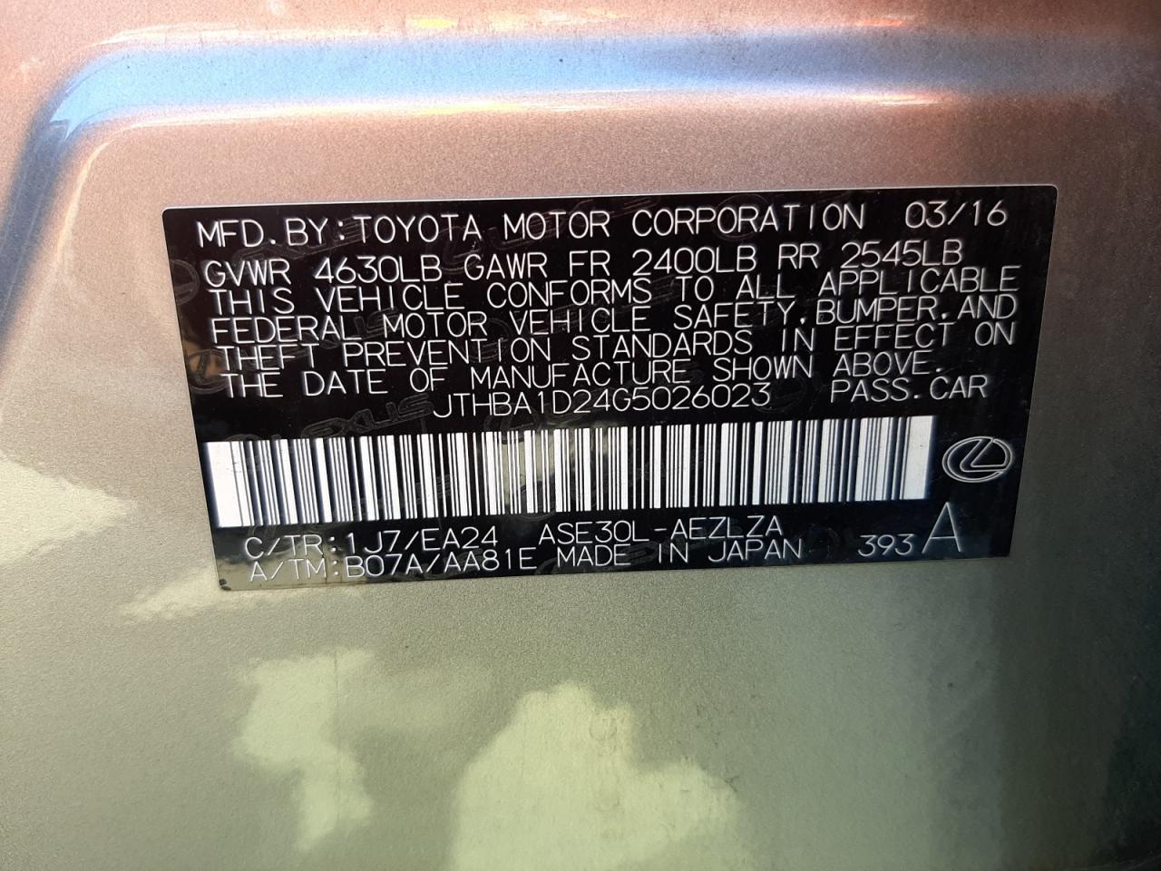 Photo 10 from auction – 2016 LEXUS IS 200T with VIN JTHBA1D24G5026023