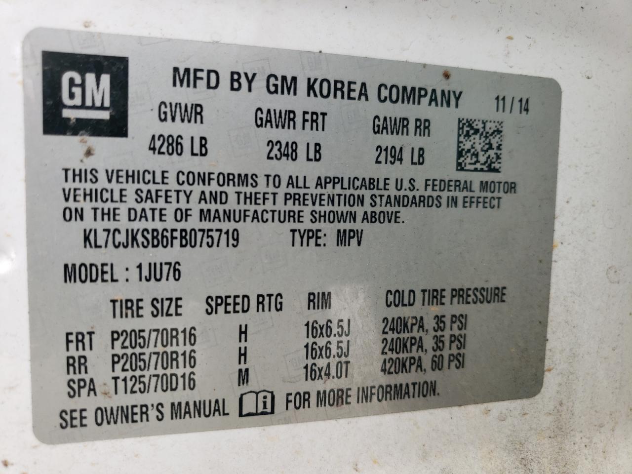 Photo 10 from auction – 2015 CHEVROLET TRAX LS with VIN KL7CJKSB6FB075719