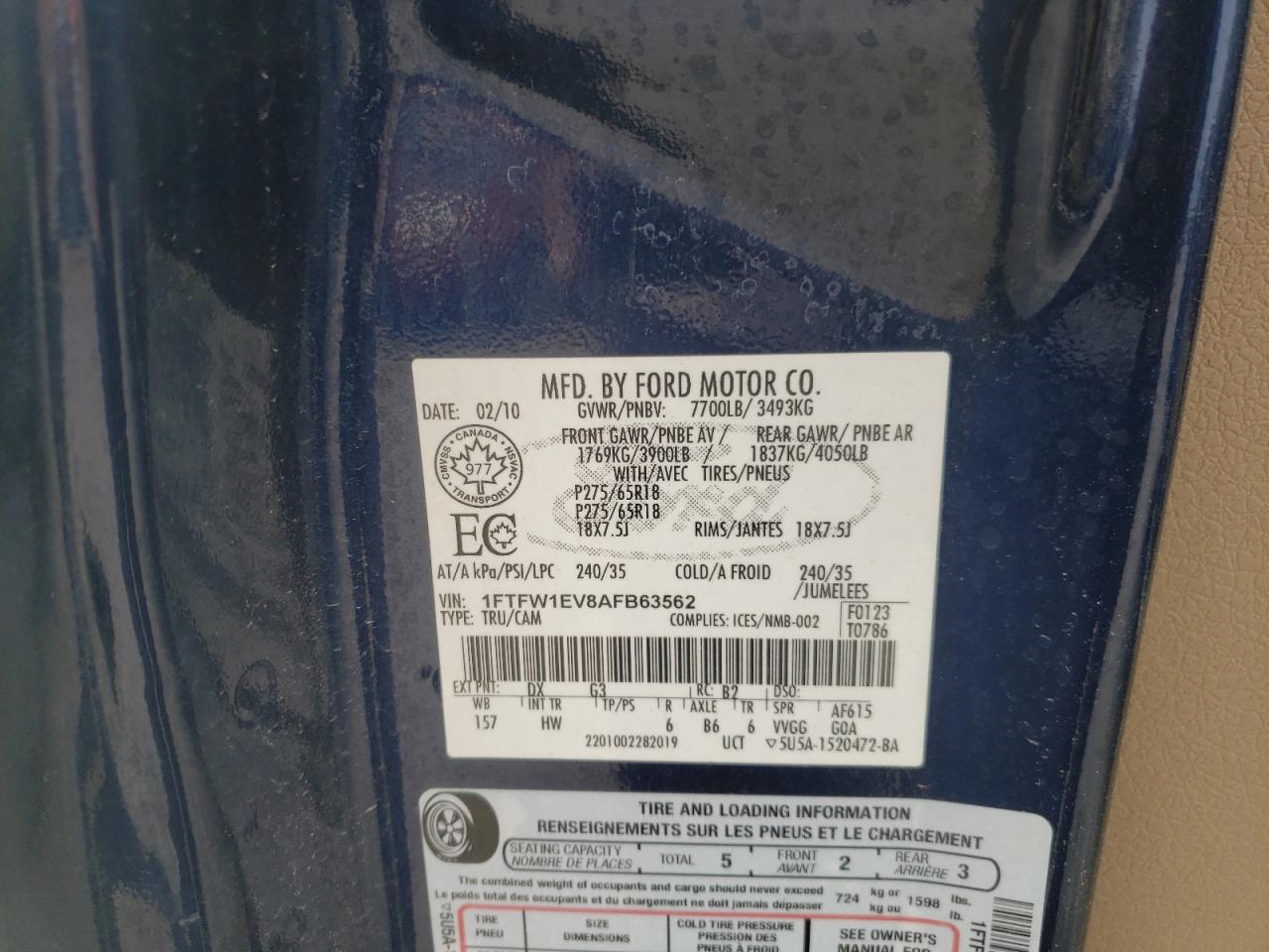 Photo 10 from auction – 2010 FORD F150 SUPER with VIN 1FTFW1EV8AFB63562