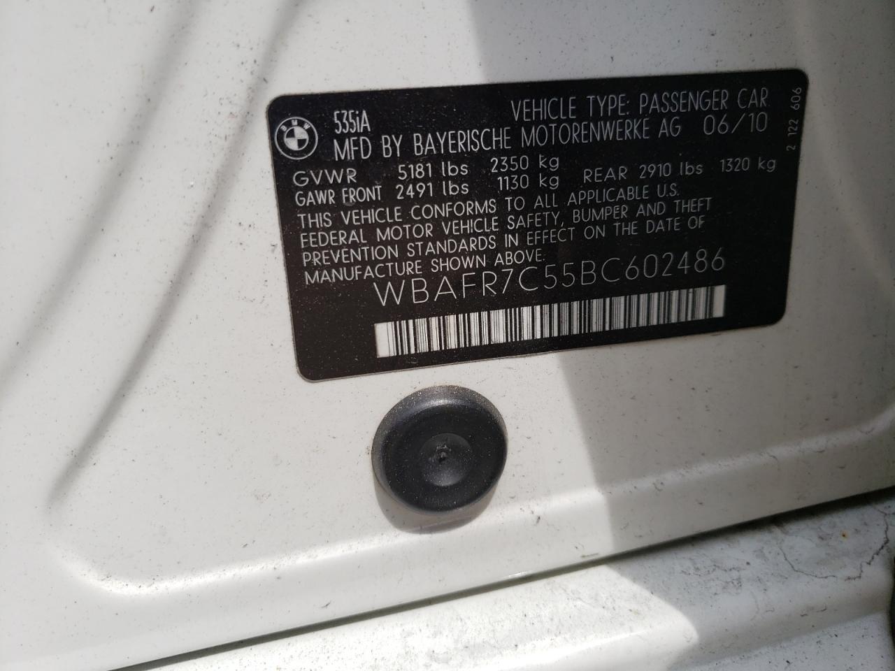 Photo 10 from auction – 2011 BMW 535 I with VIN WBAFR7C55BC602486