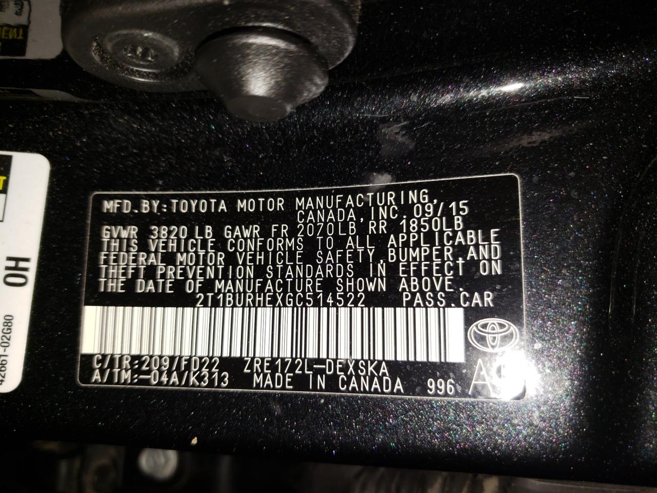 Photo 10 from auction – 2016 TOYOTA COROLLA L with VIN 2T1BURHEXGC514522